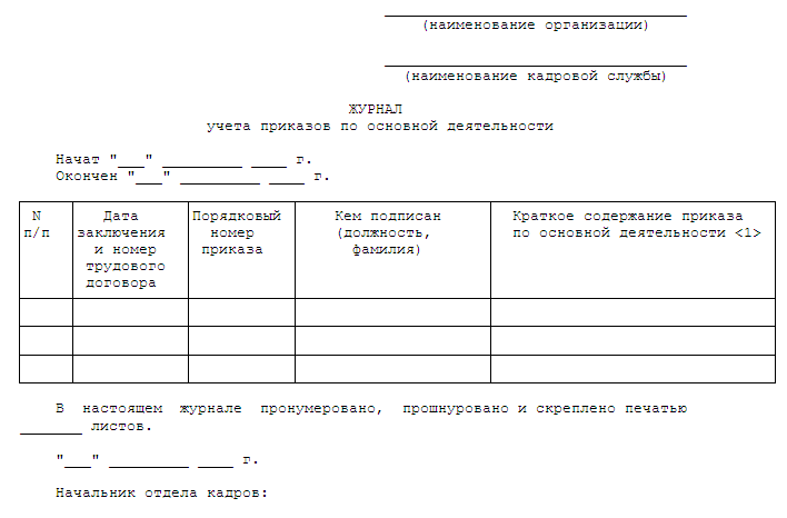 Форма журнала регистрации приказов по основной деятельности
